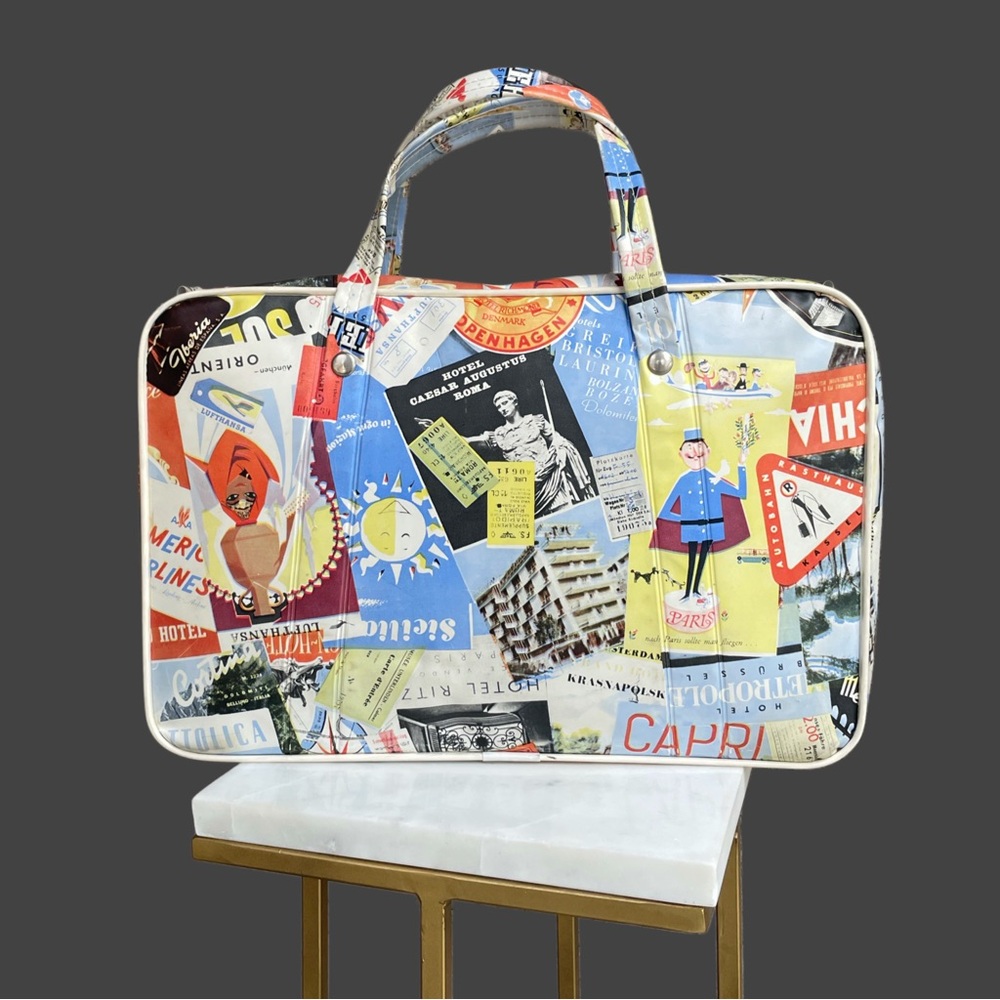 VINTAGE 60s 70s Travel Sticker Stamp Cooler Bag Luggage Style Insulated Bag - Picture 12 of 12